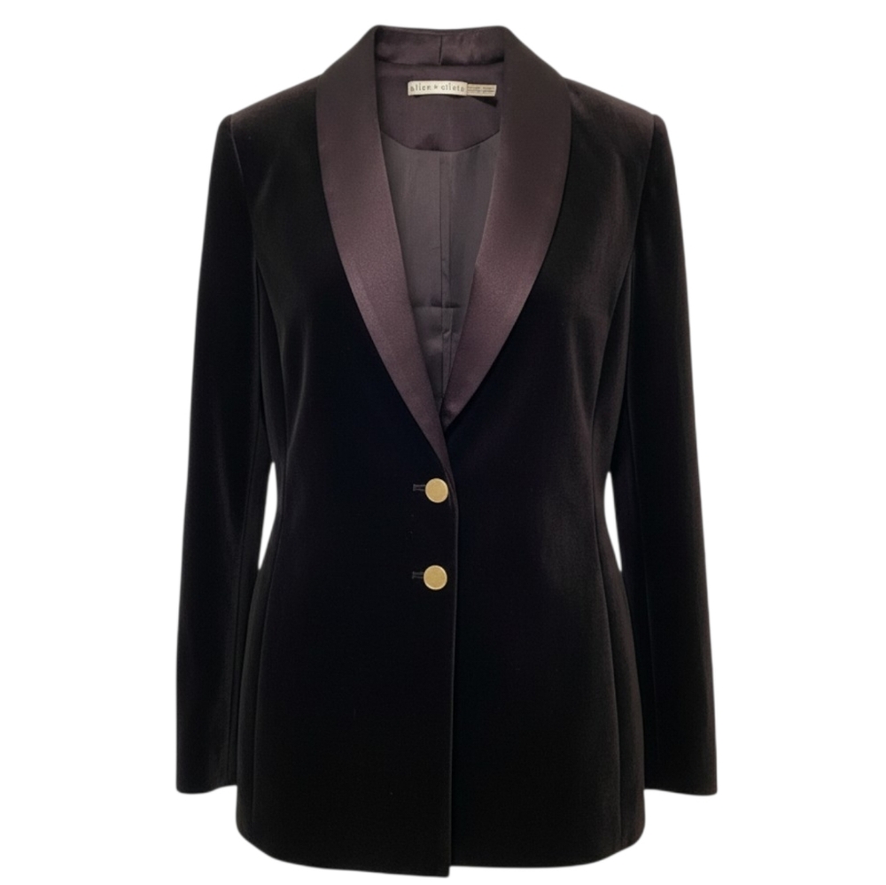 Alice + Olivia Black Velvet Tuxedo-Style Jacket Size 10 Satin Lapel Luxe Chic